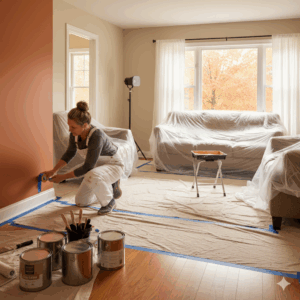 Freshly painted Delaware living room in warm fall colors by Paint Doctor.